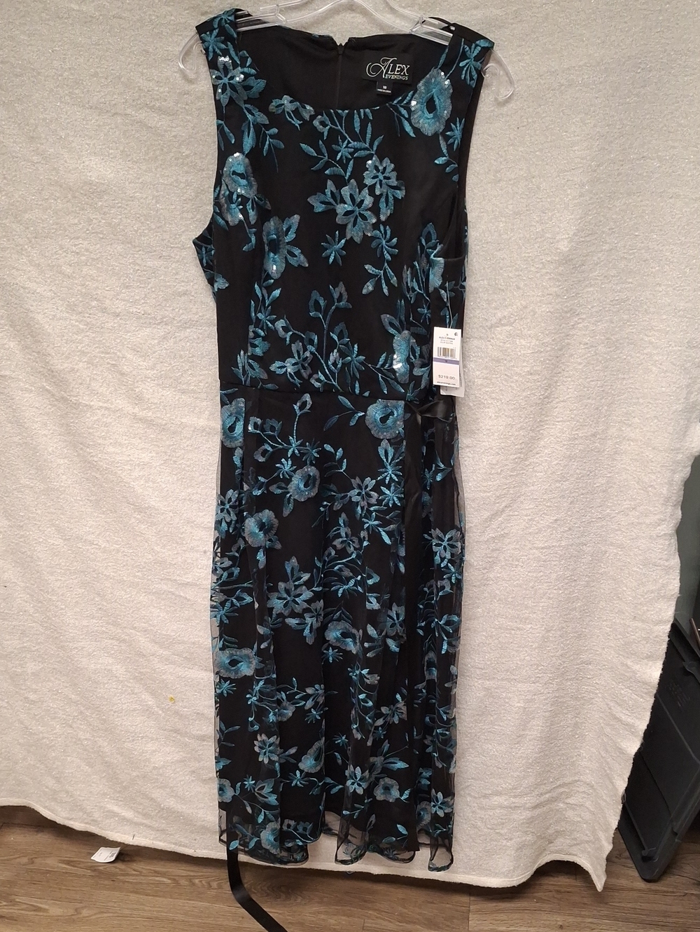 Alex Evenings Black Dress with Teal Floral Embroidery - Size 18